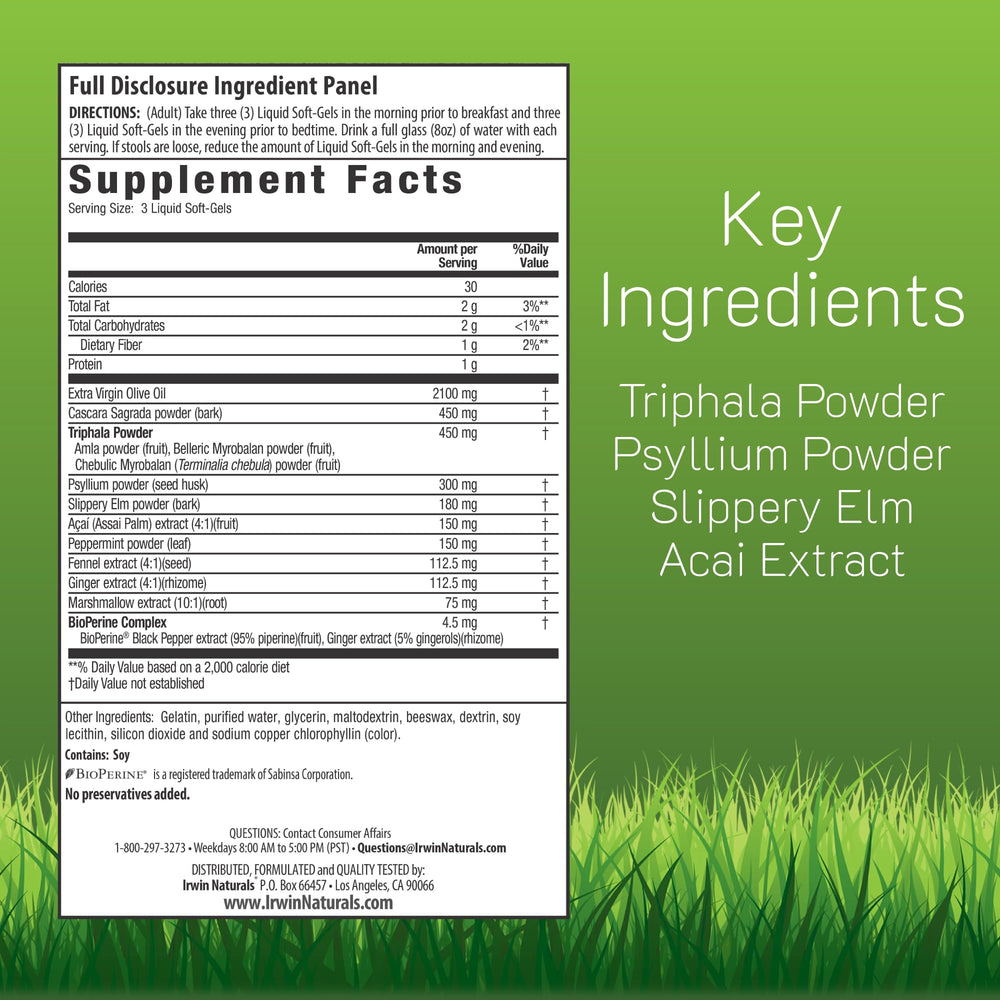 Colon Flush soft-gels close-up showing easy-to-swallow capsules