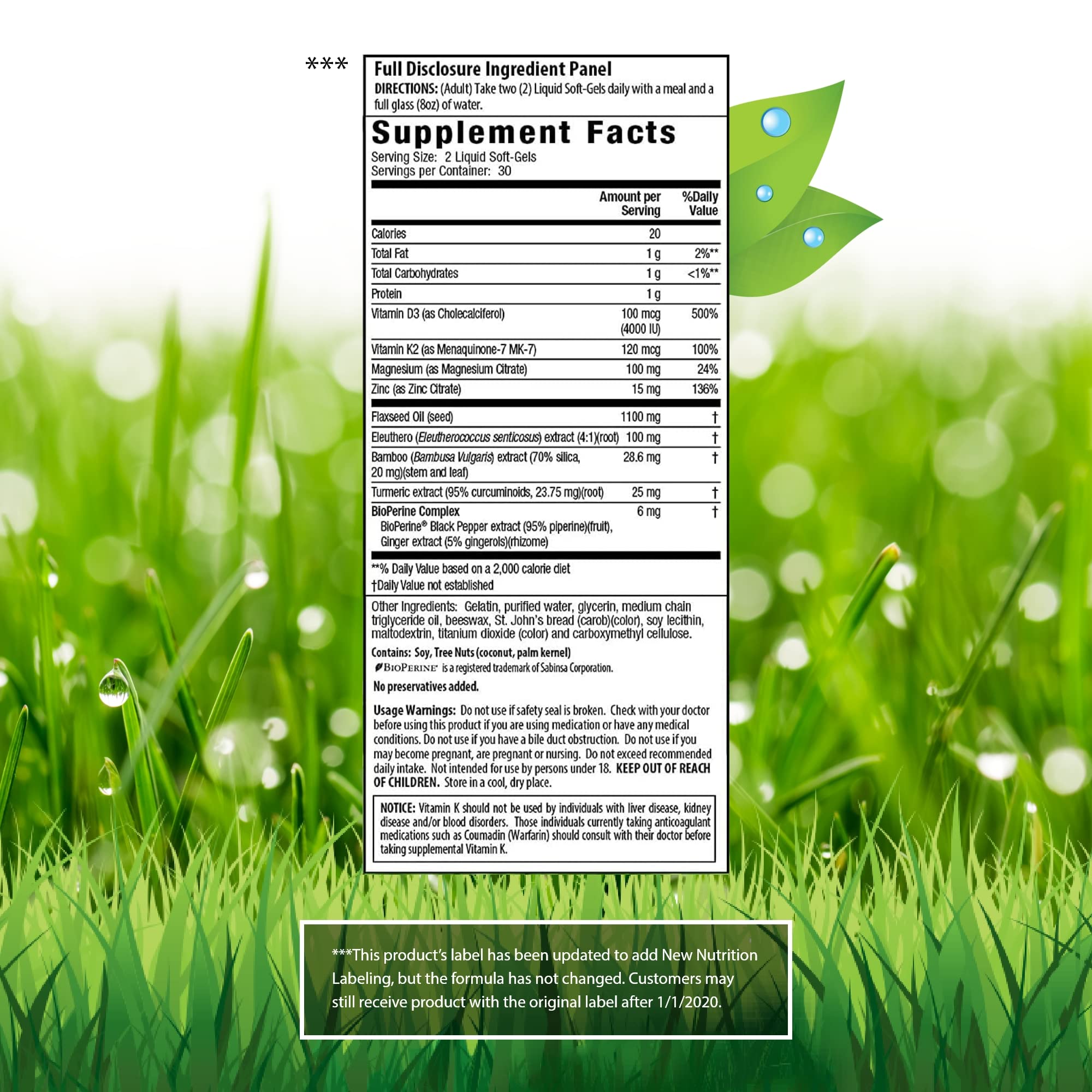 Close-up of Irwin Naturals D3 K2 Turmeric liquid soft-gels