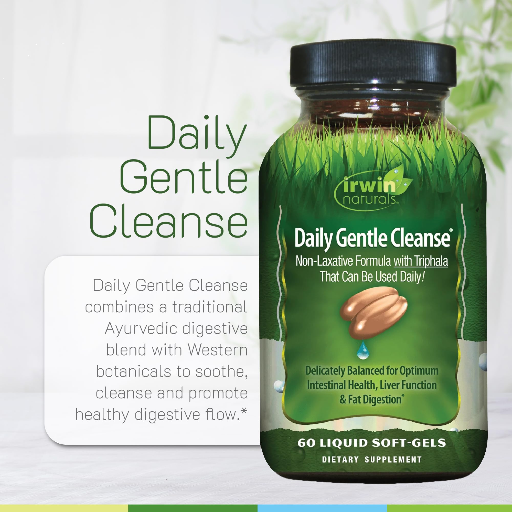 Irwin Naturals Daily Gentle Cleanse milk thistle signaling liver-supportive ingredients.