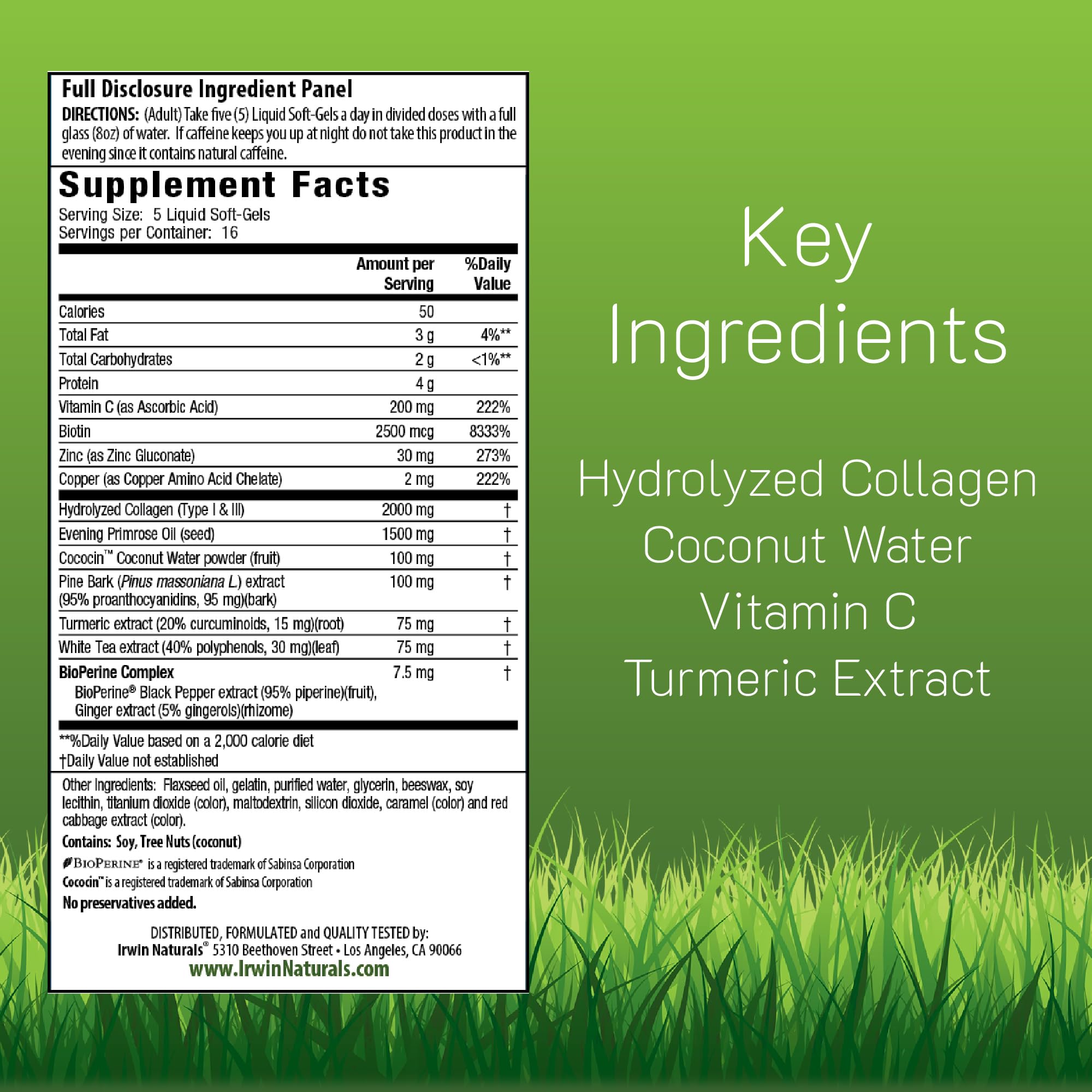 Irwin Naturals Deep Tissue Collagen-Pure bottle back detailing ingredients for collagen support