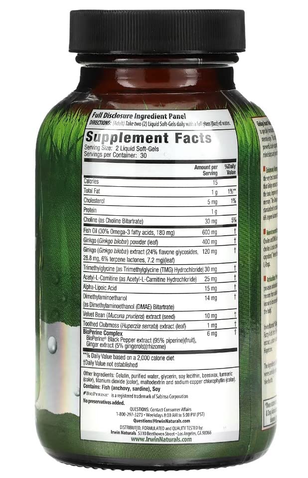 Close-up of Ginkgo Biloba and other nootropic ingredients (Acetyl-L-Carnitine, Choline, DMAE)