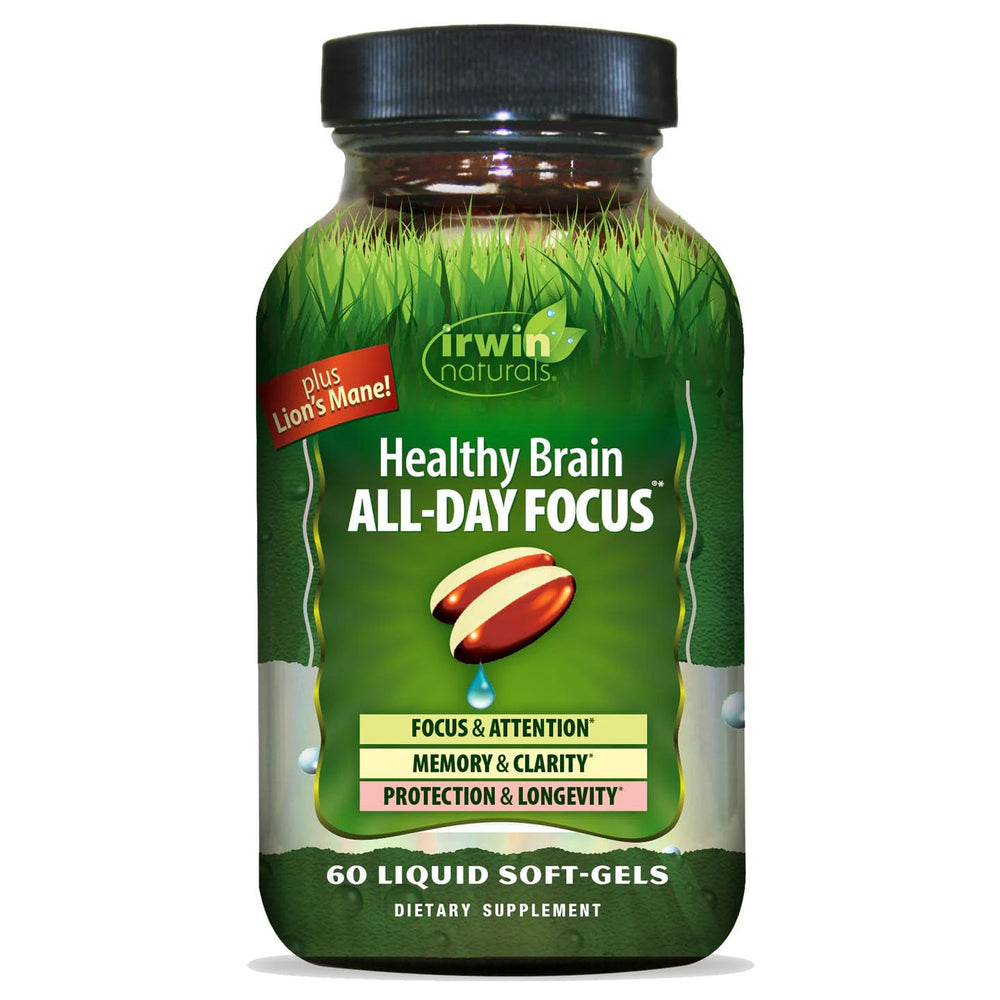 Bottle of Irwin Naturals Healthy Brain All-Day Focus 60 liquid soft-gels