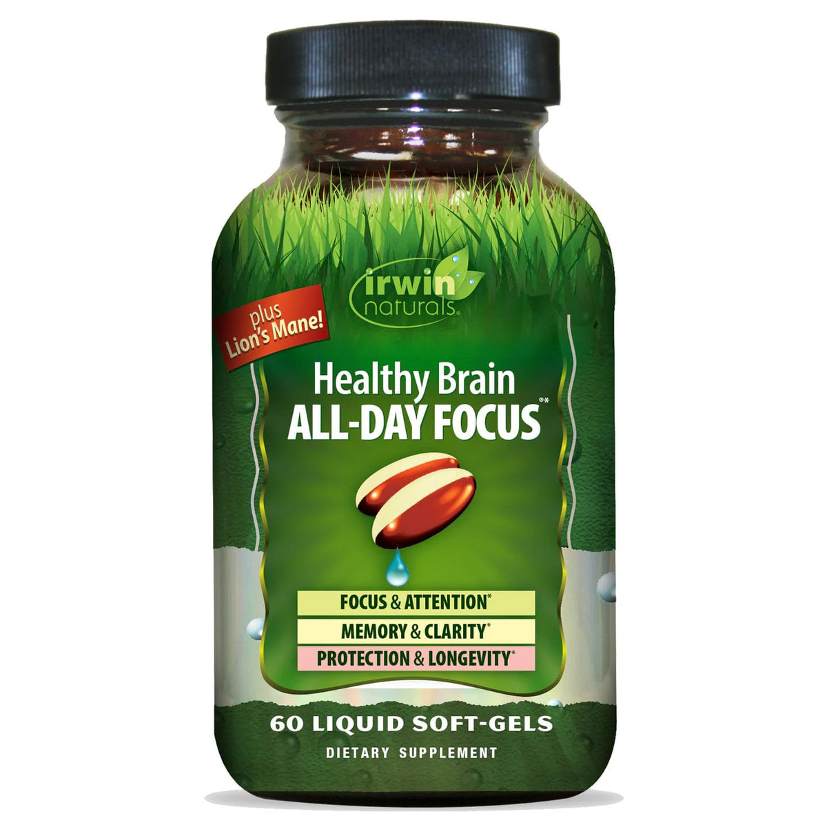 Bottle of Irwin Naturals Healthy Brain All-Day Focus 60 liquid soft-gels