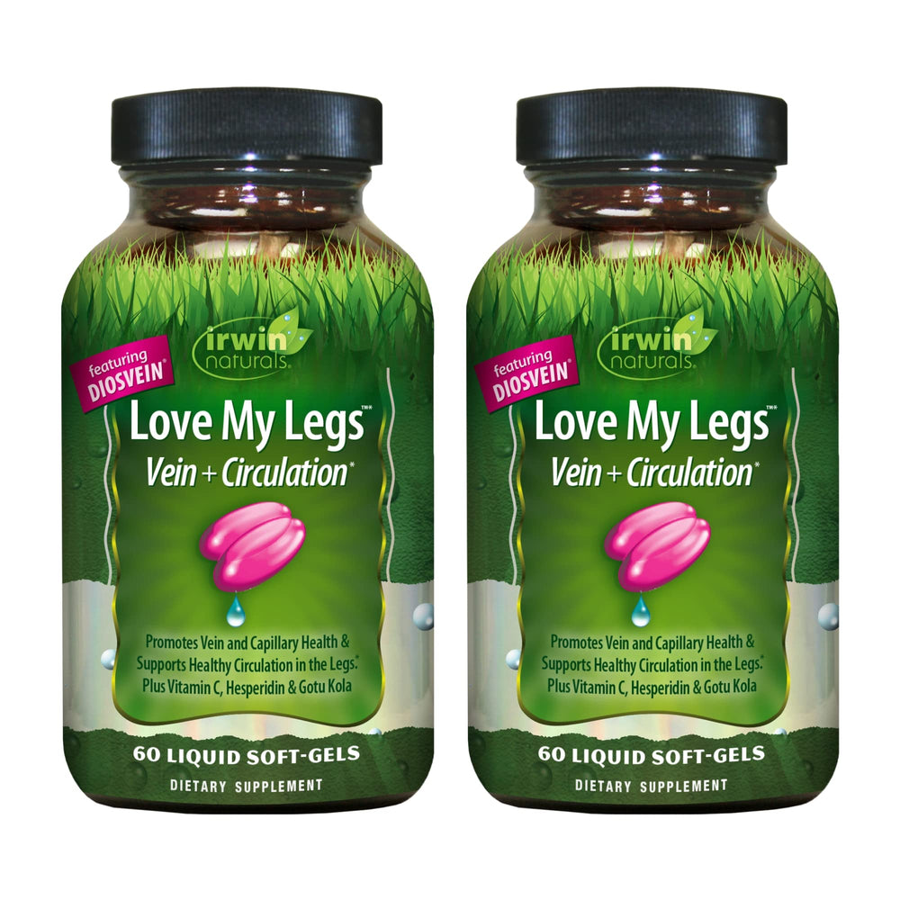 Hero image: Irwin Naturals Love My Legs two-pack soft-gels bottle