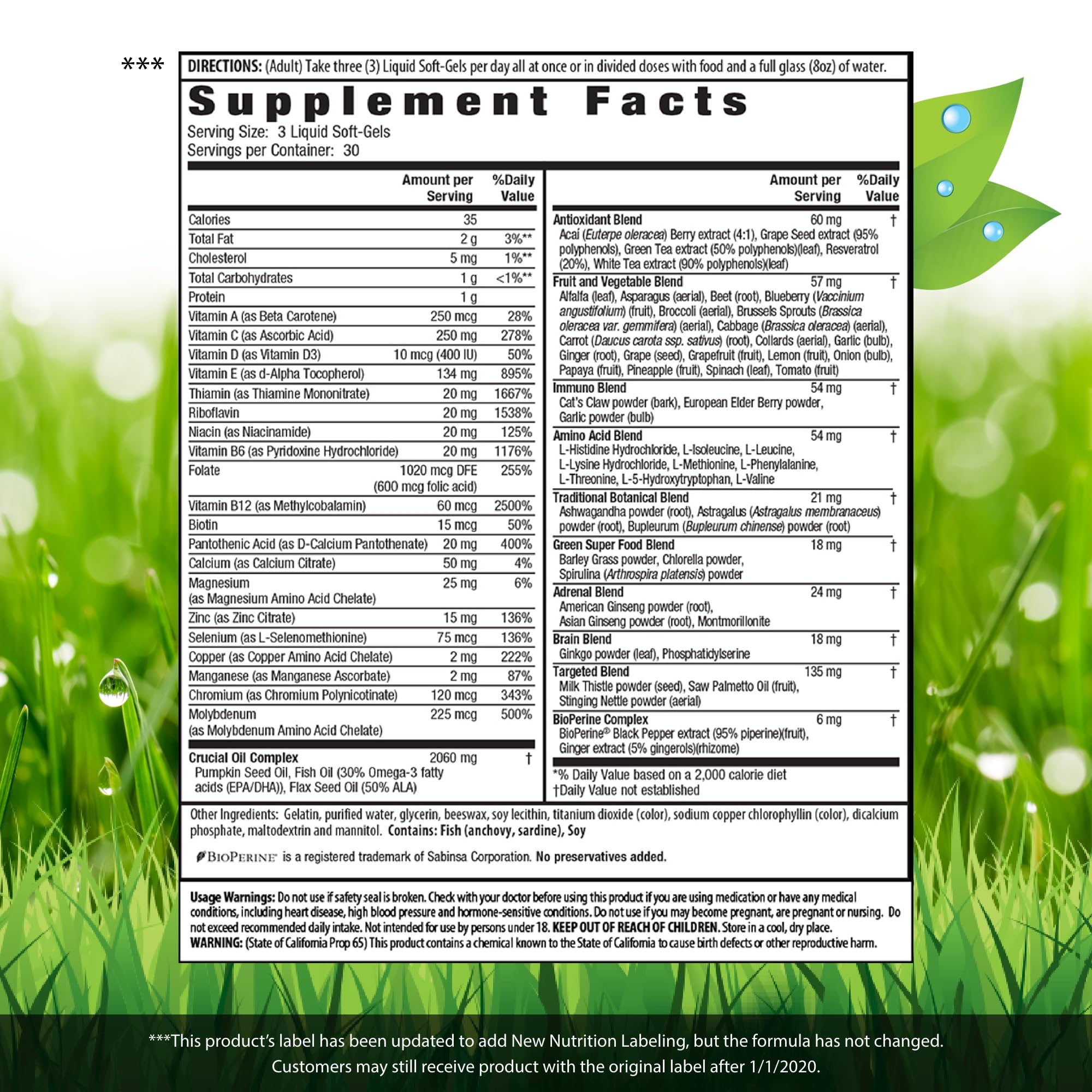 Liquid softgels releasing nutrients for adrenal and brain support