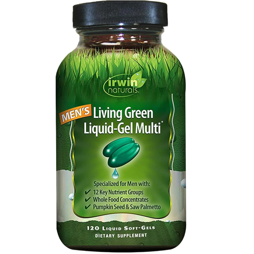 Bottle of Irwin Naturals Men's Living Green Liquid-Gel Multi with 120 softgels