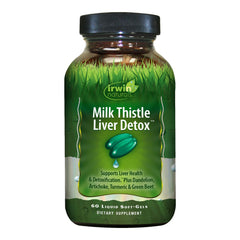 Irwin Naturals Milk Thistle Liver Detox bottle with 60 liquid softgels and ingredients like dandelion, artichoke, turmeric and green beet root