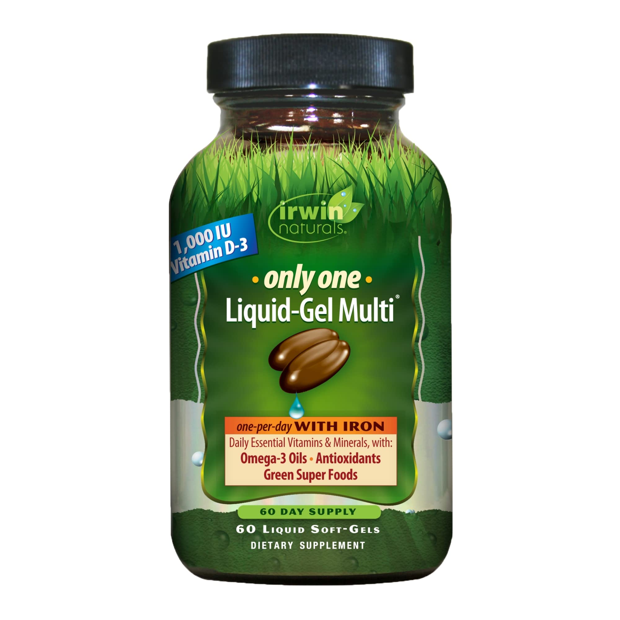 Irwin Naturals Only One Liquid-Gel Multi with Iron bottle and softgels