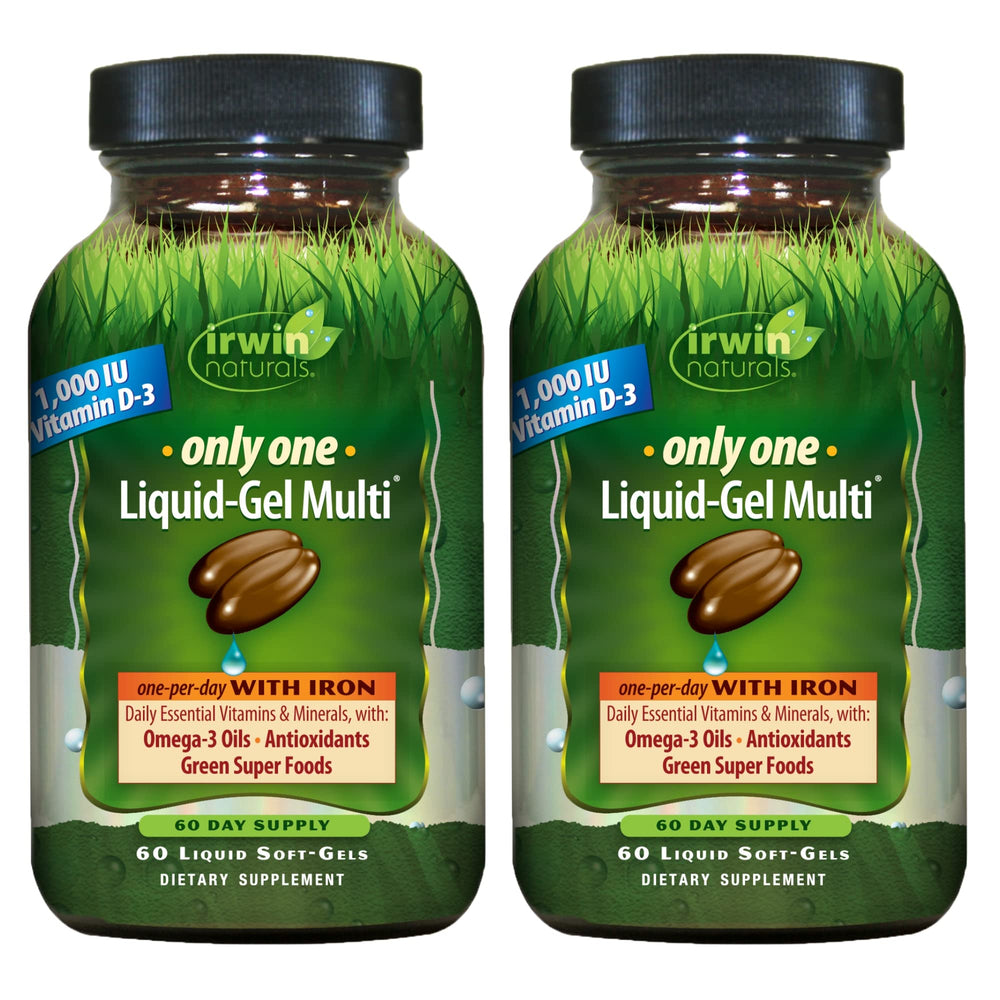 Irwin Naturals Only One Liquid-Gel Multi with Iron bottle and pack (60 soft-gels)