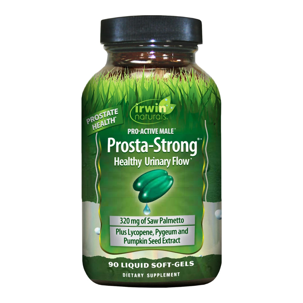 Irwin Naturals Prosta-Strong 90 Softgels bottle for prostate health with Saw Palmetto, Lycopene and Pumpkin Seed