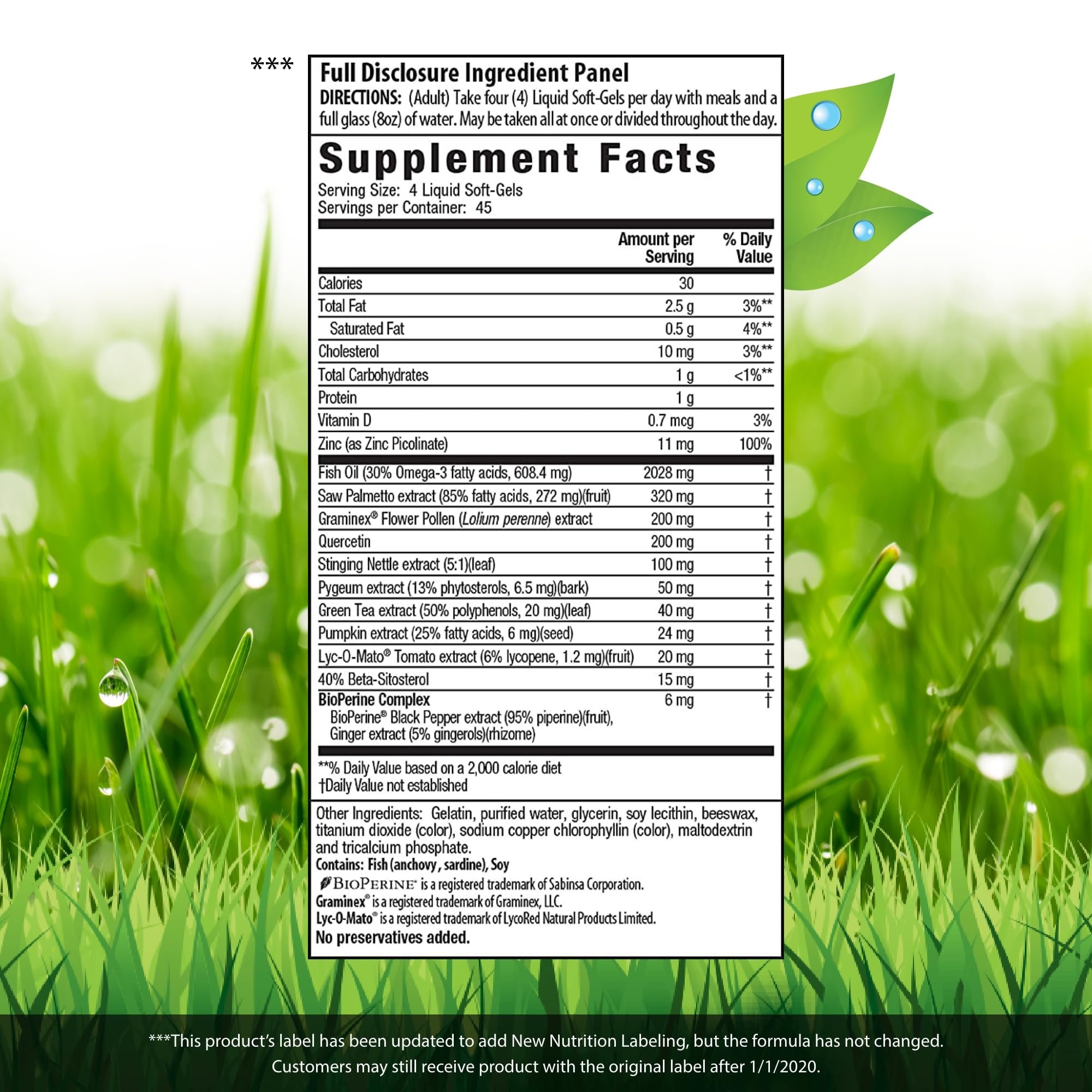 Nutrition and ingredients panel for Prosta-Strong prostate health formula