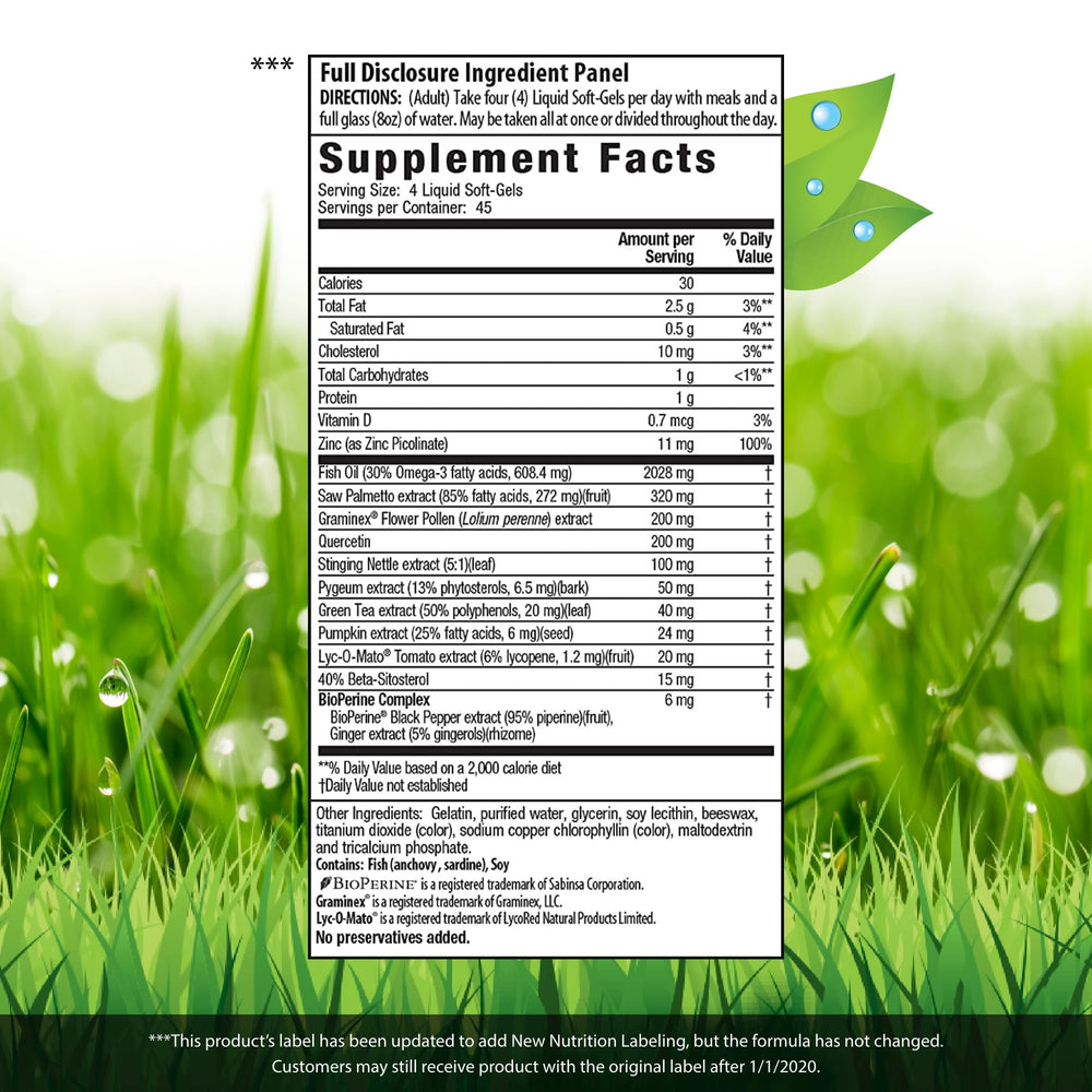 Nutrition and ingredients panel for Prosta-Strong prostate health formula