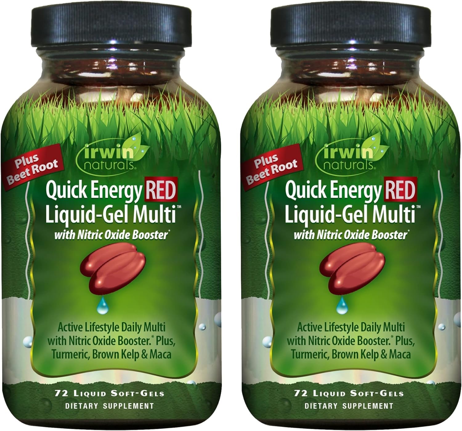 Irwin Naturals Quick Energy Red bottle label showing multivitamin nutrients for daily vitality.