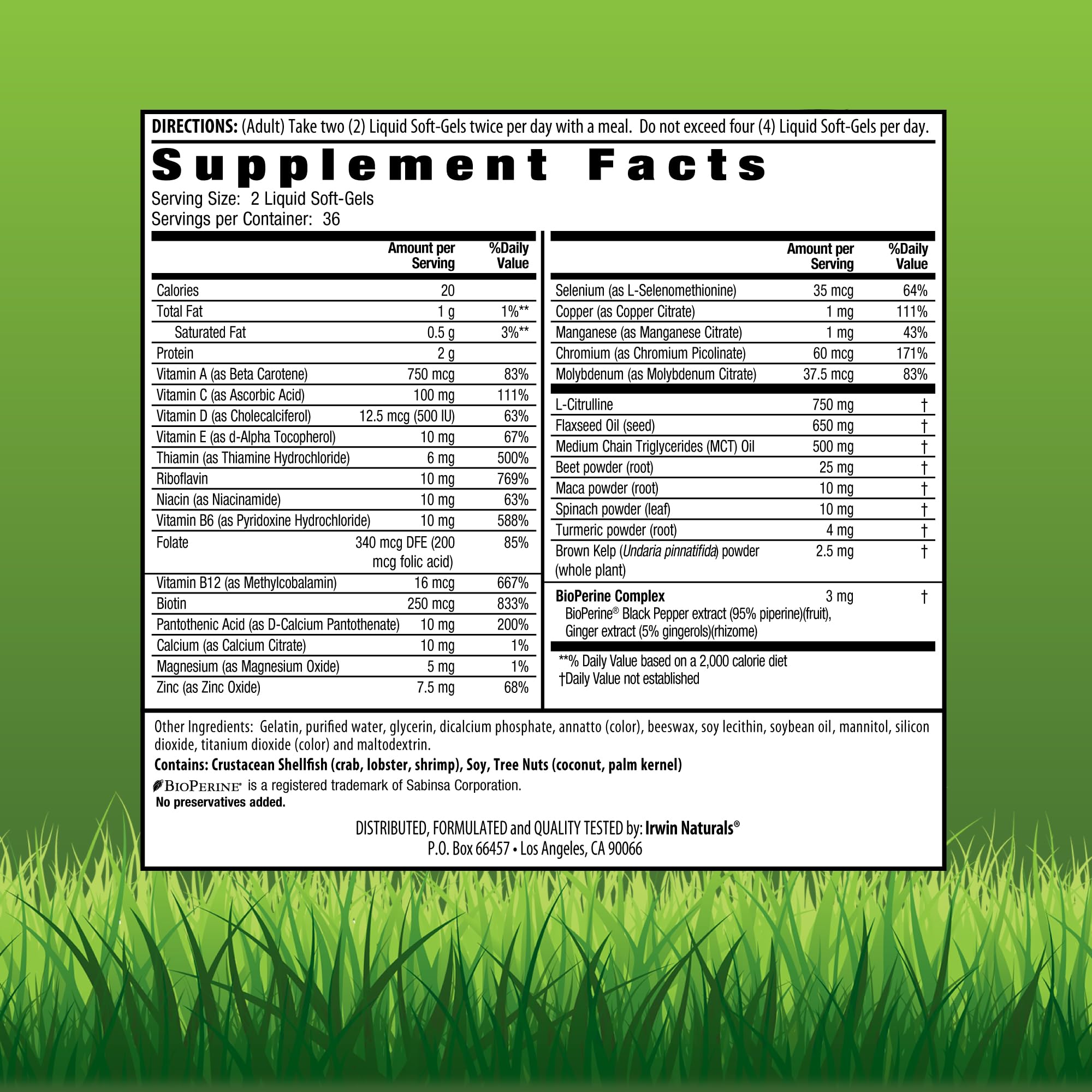 Irwin Naturals Quick Energy Red bottle pour highlighting easy-to-swallow liquid-gel format.