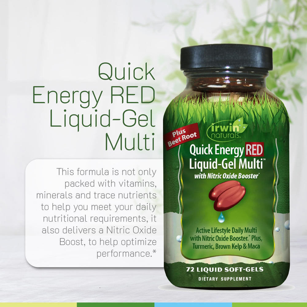 Irwin Naturals Quick Energy Red contains maca, turmeric, flaxseed oils for nourishment.