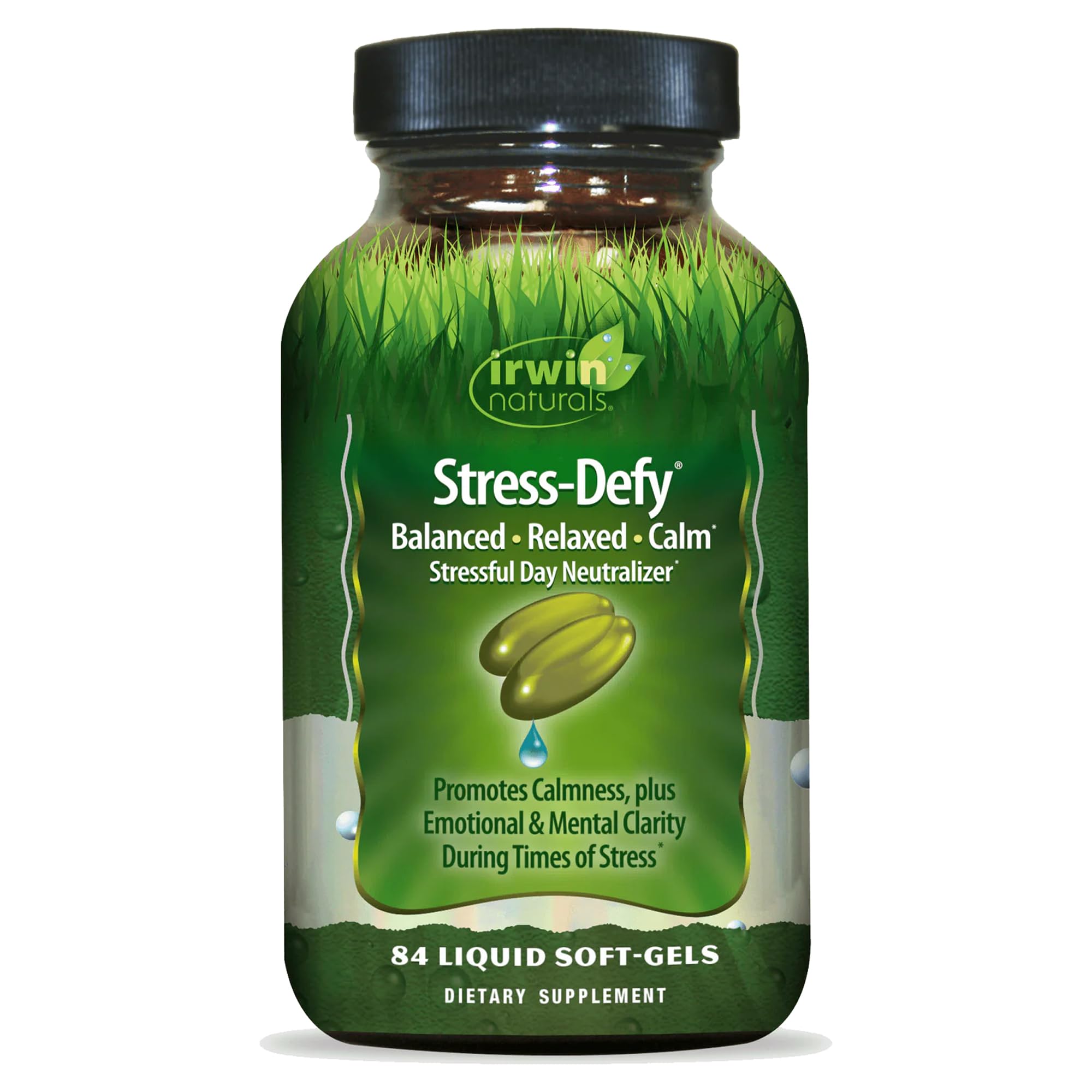 Bottle of Irwin Naturals Stress-Defy 84 liquid softgels with label showing Rhodiola & L-Theanine