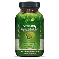Bottle of Irwin Naturals Stress-Defy 84 liquid softgels with label showing Rhodiola & L-Theanine