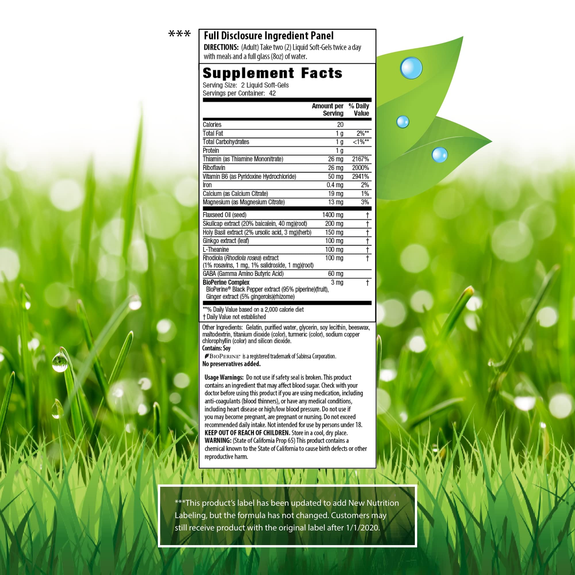 Ingredients panel featuring Rhodiola, Skullcap, L-Theanine and Ginkgo