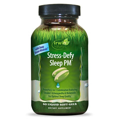 Irwin Naturals Stress-Defy Sleep PM bottle with 50 liquid soft-gels