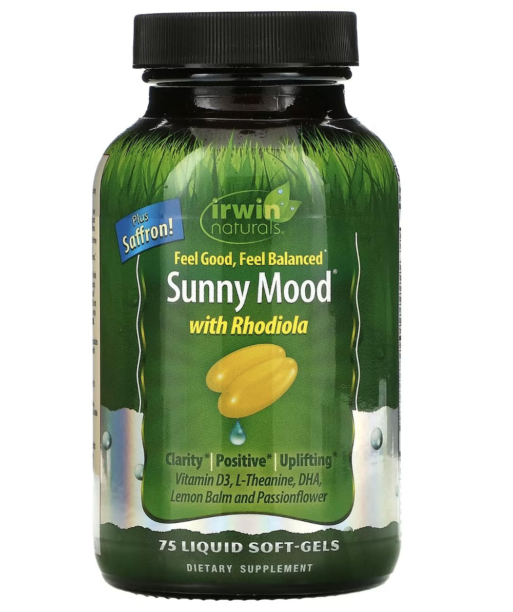 Bottle of Irwin Naturals Sunny Mood 75 Liquid Soft-Gels