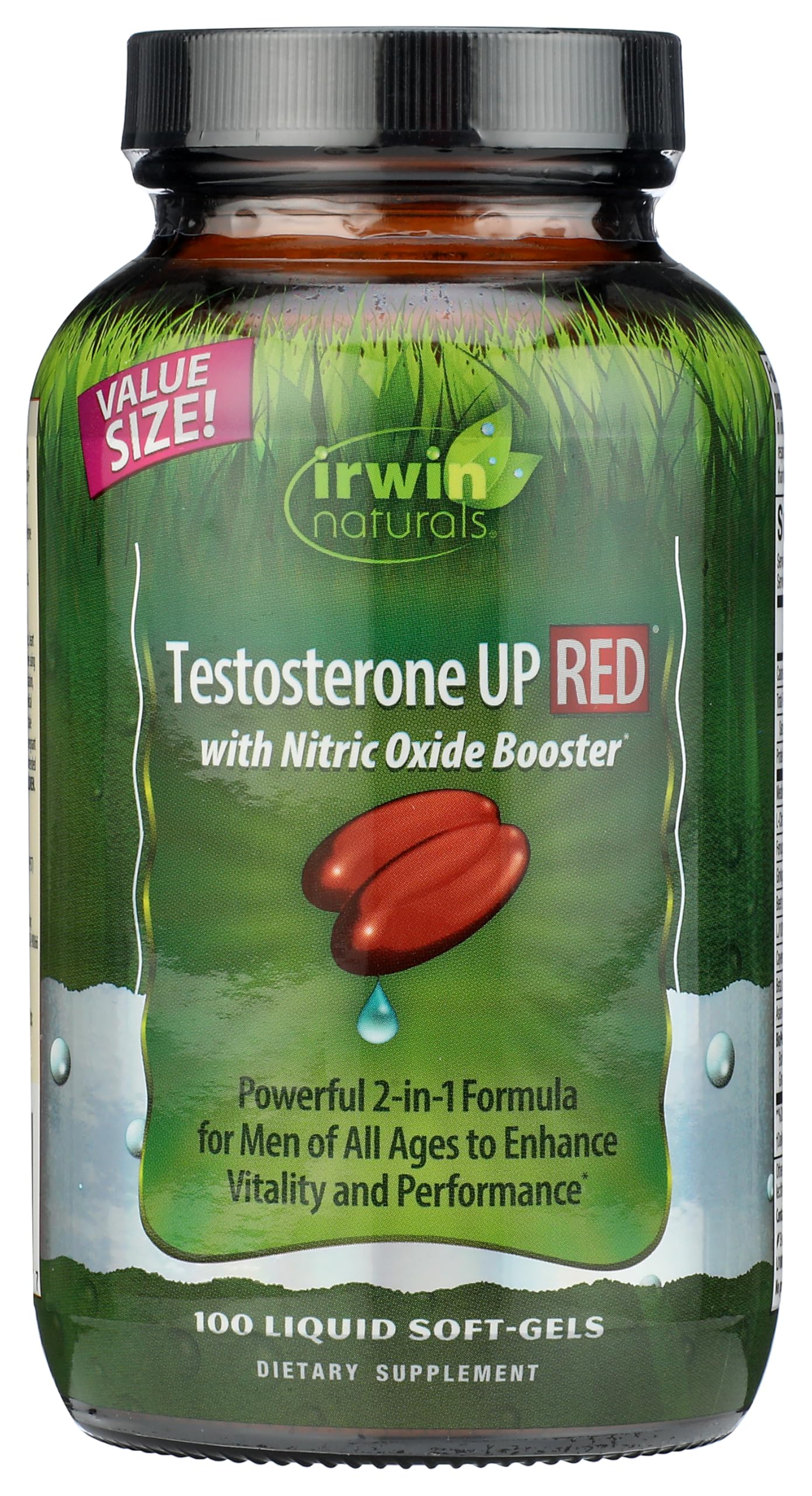 Bottle front view of Irwin Naturals Testosterone Up Red 100 Sgels