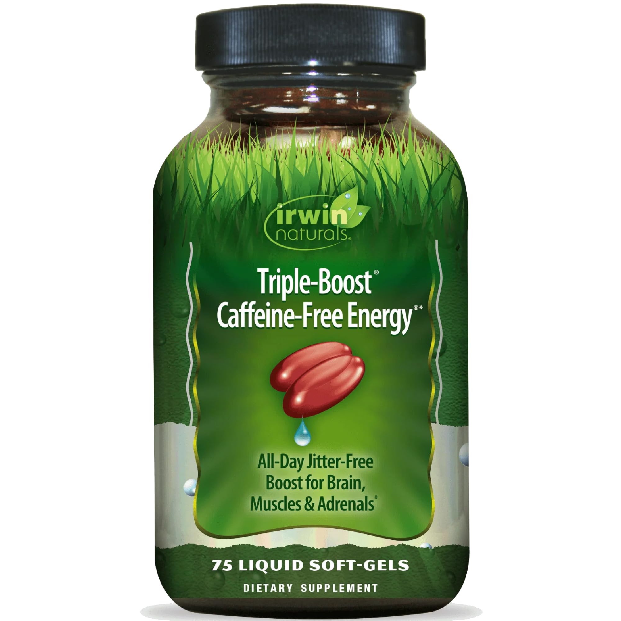 Front view of Irwin Naturals Triple-Boost caffeine-free energy bottle