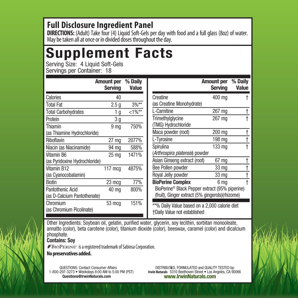 Irwin Naturals Triple Boost softgels closeup highlighting caffeine-free energy delivery
