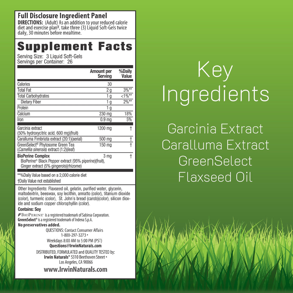 Irwin Naturals Triple-Diet liquid soft-gels pouring for easy-to-swallow delivery.