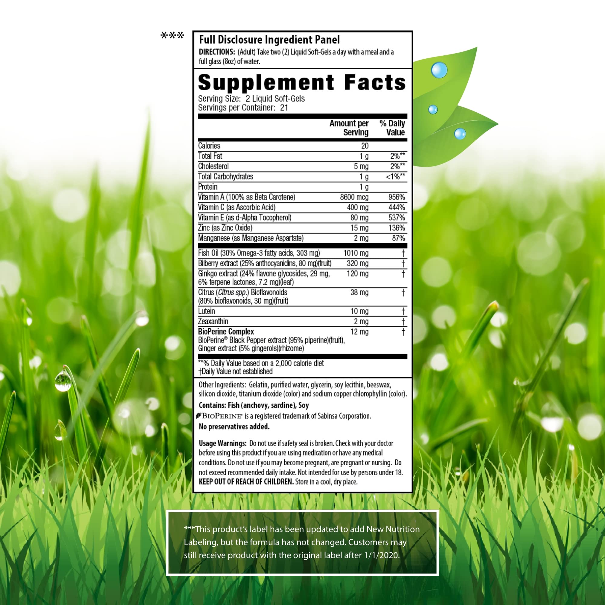 Vision Sharp label with ingredients including lutein and bilberry