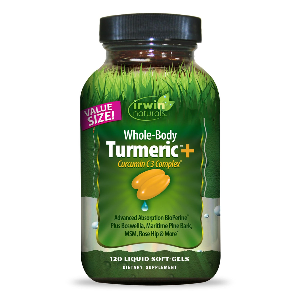 Irwin Naturals Whole Body Turmeric + Curcumin C3 Complex bottle with 60 liquid softgels