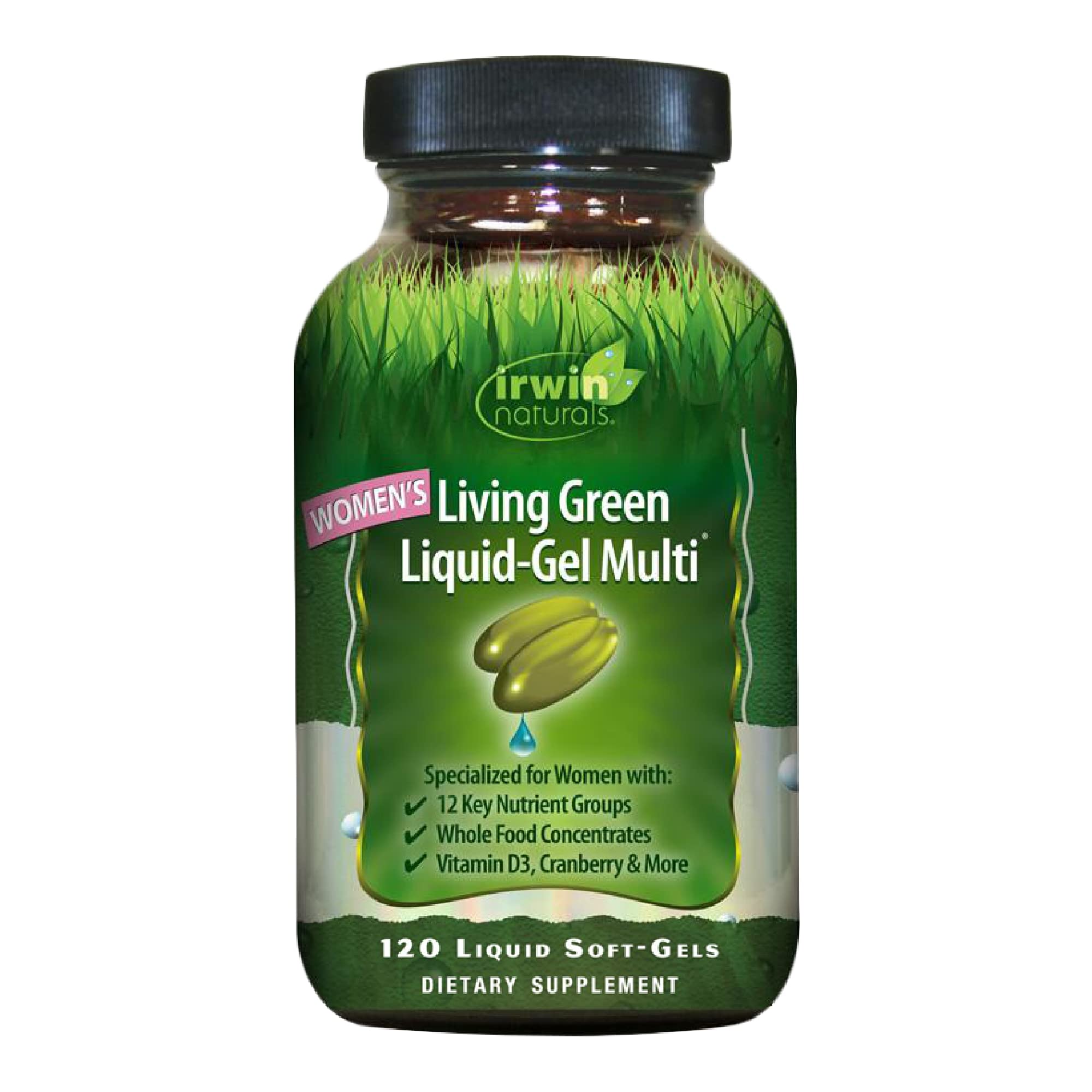 Irwin Naturals Women's Living Green Liquid-Gel Multivitamin bottle and capsules