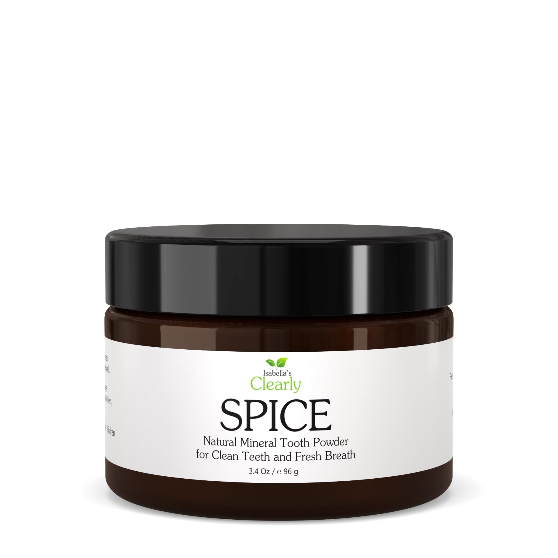 Jar of Isabella's Clearly Spice remineralizing tooth powder with label