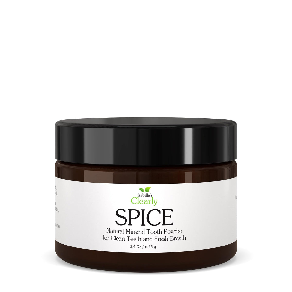 Jar of Isabella's Clearly Spice remineralizing tooth powder with label