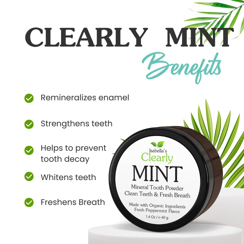 Label close-up of Isabella's Clearly Mint tooth powder