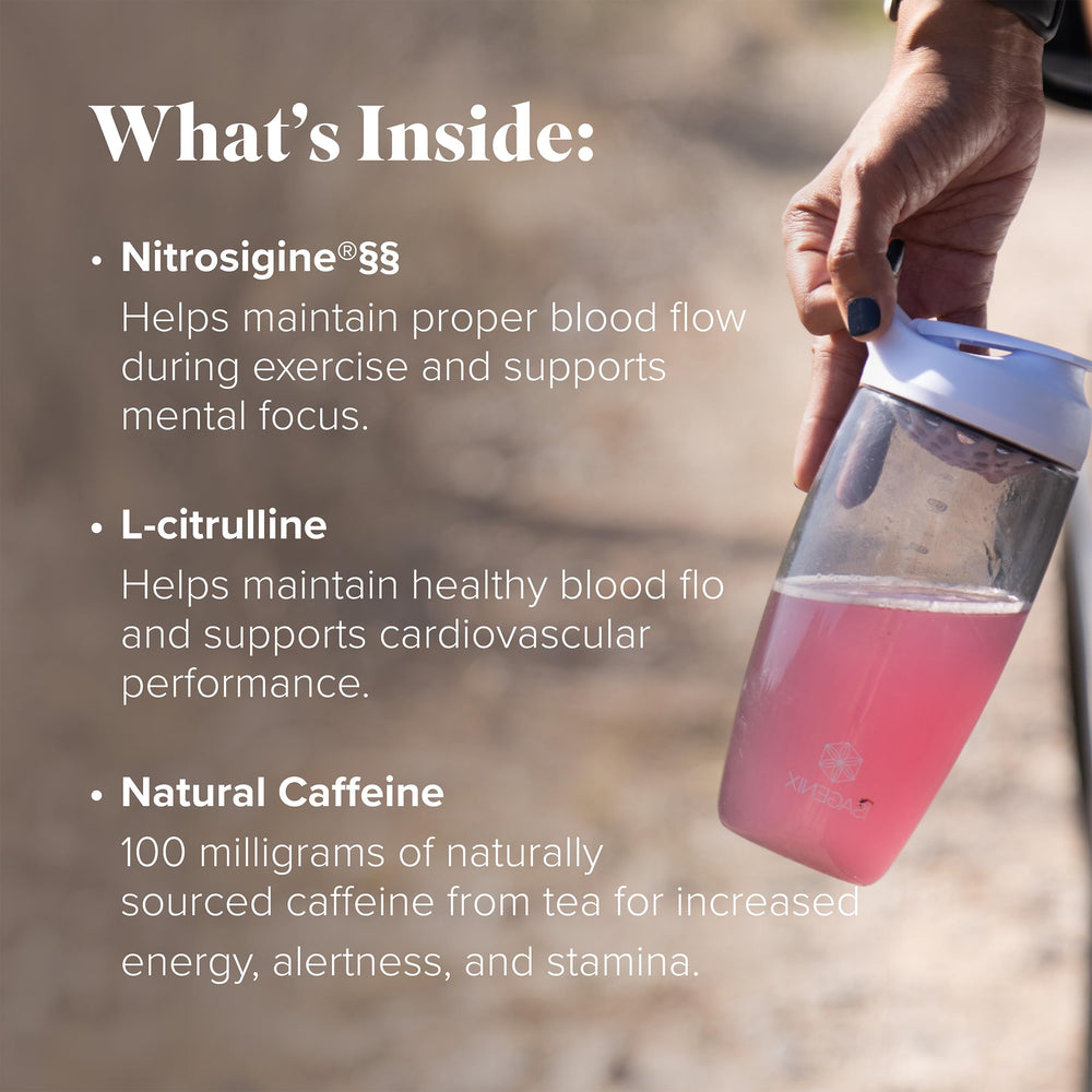 Isagenix Amped Nitro ingredients panel highlighting Nitrosigine and caffeine for performance.
