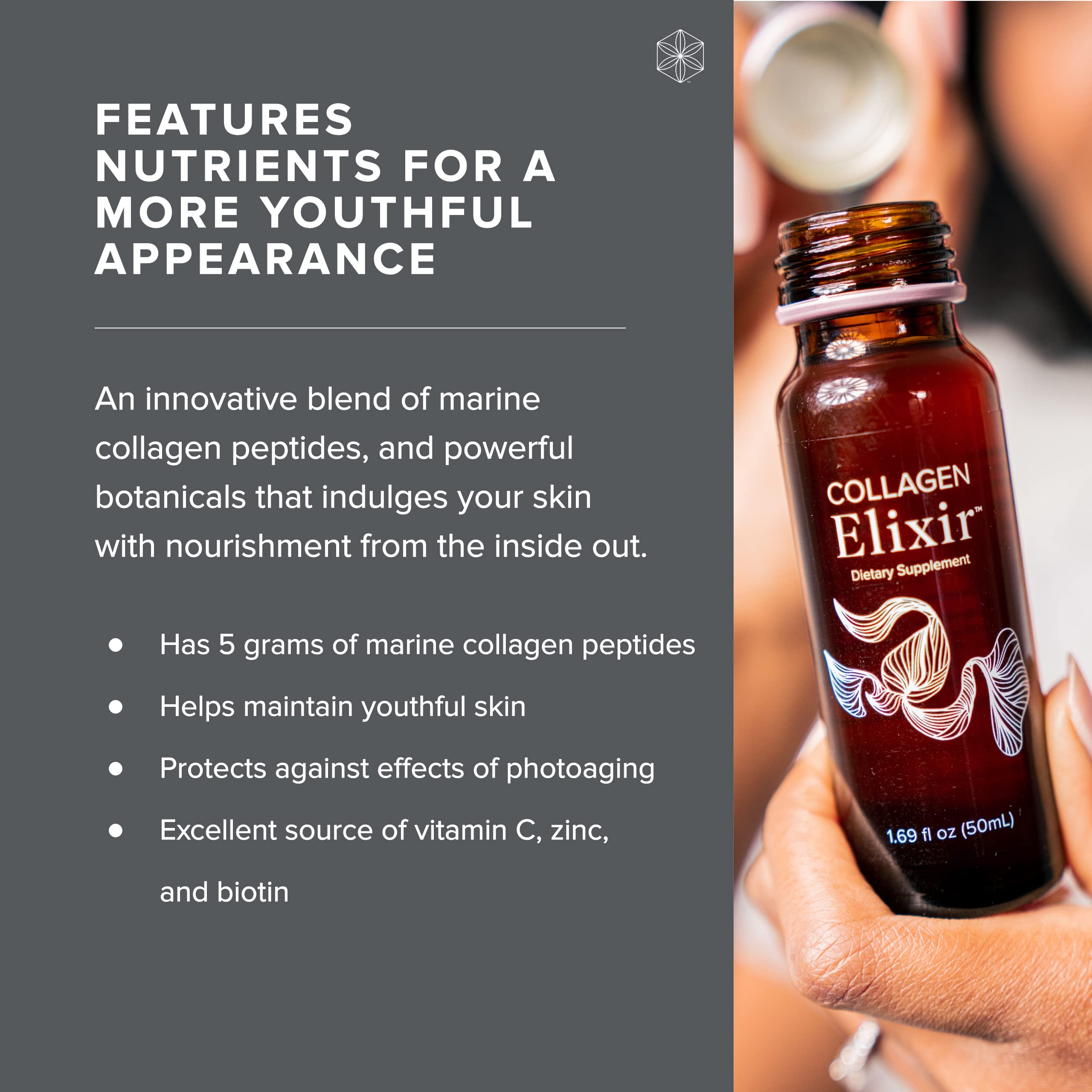 Nutrition facts and purity indicators for Isagenix Collagen Elixir