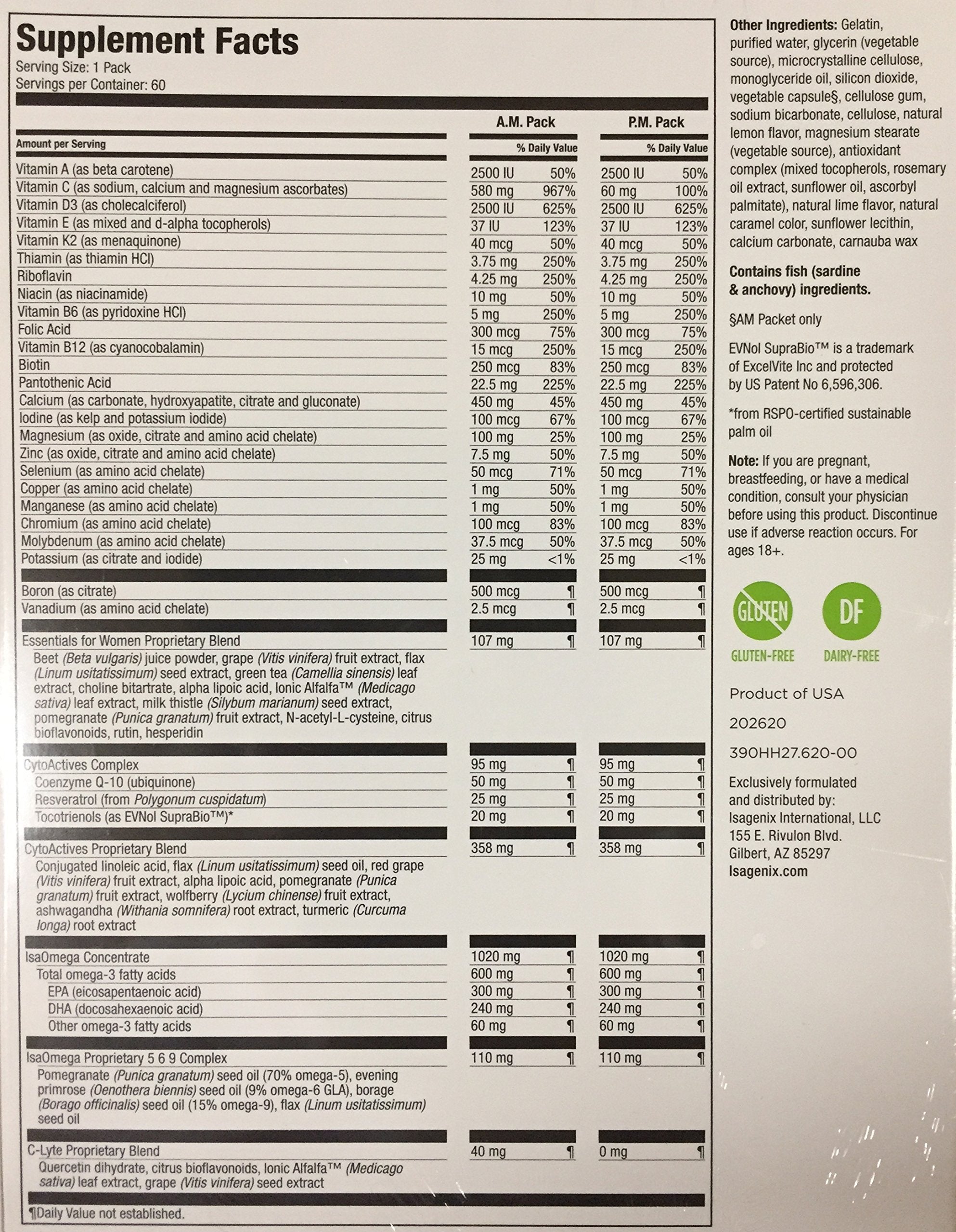 Nutrition facts label for Isagenix Complete Essentials Daily Pack