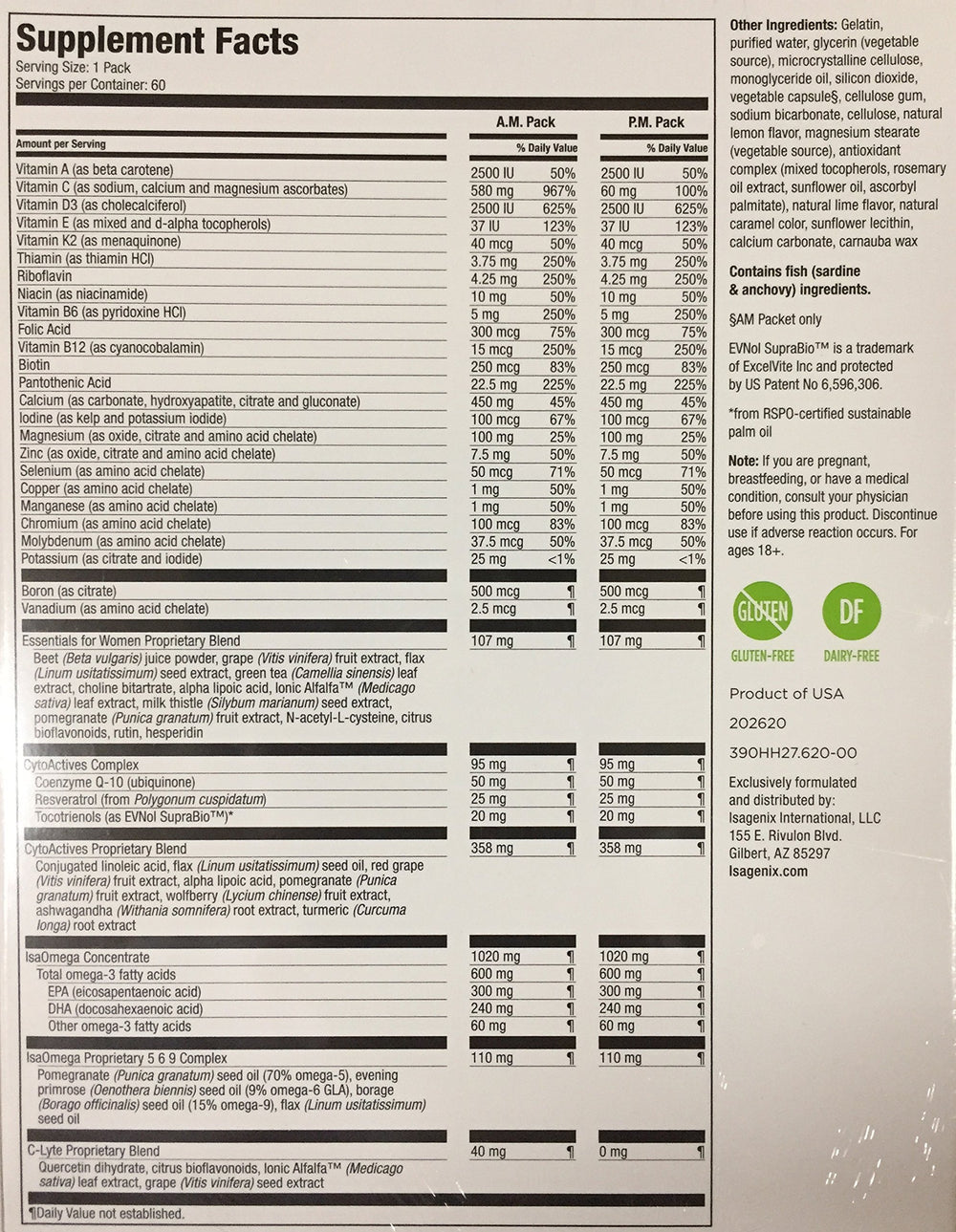 Nutrition facts label for Isagenix Complete Essentials Daily Pack