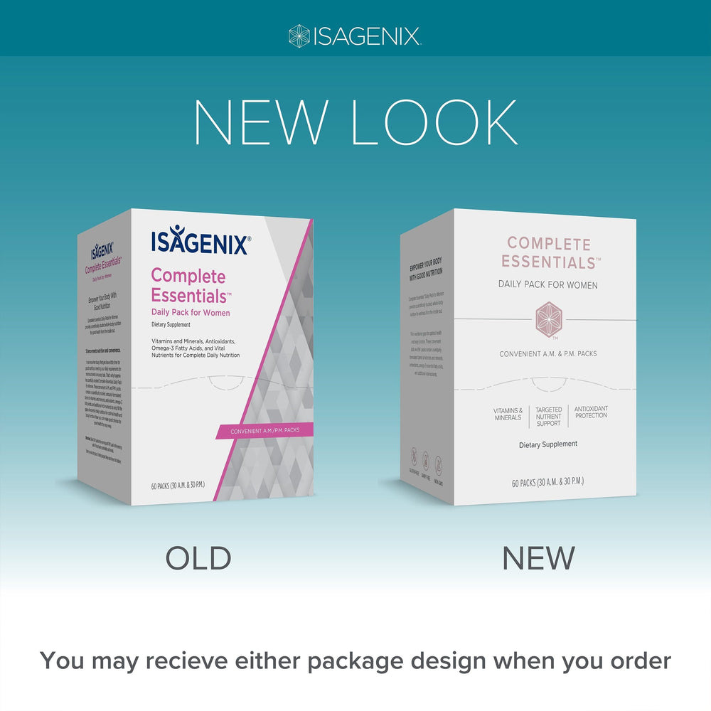 Isagenix Complete Essentials Women omega-3 softgels highlight balanced fatty acids for wellness.