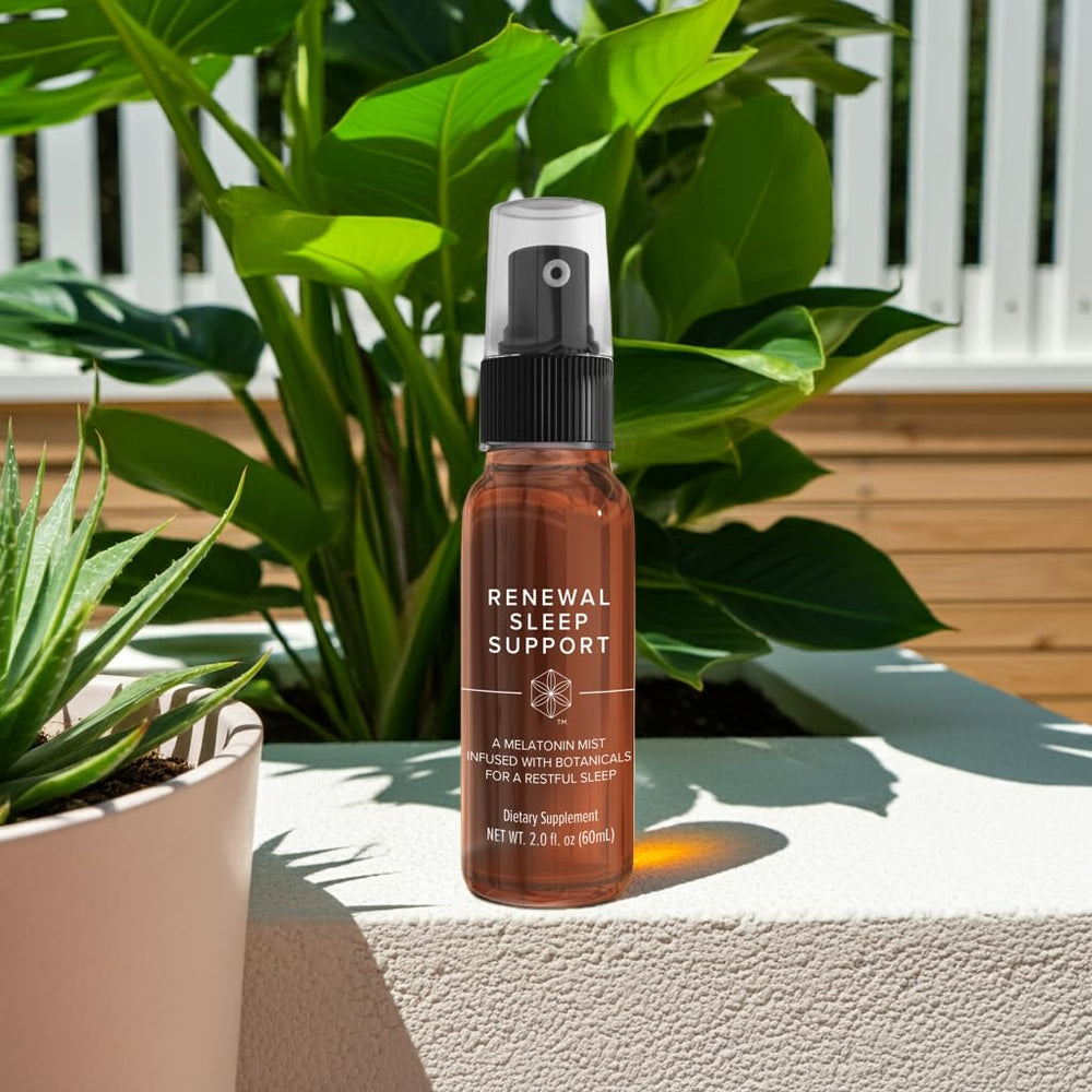 Renewal Sleep Support bottle with glass of water for usage context