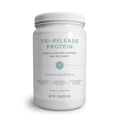 Close-up of Isagenix Tri-Release Protein Vanilla Custard canister label