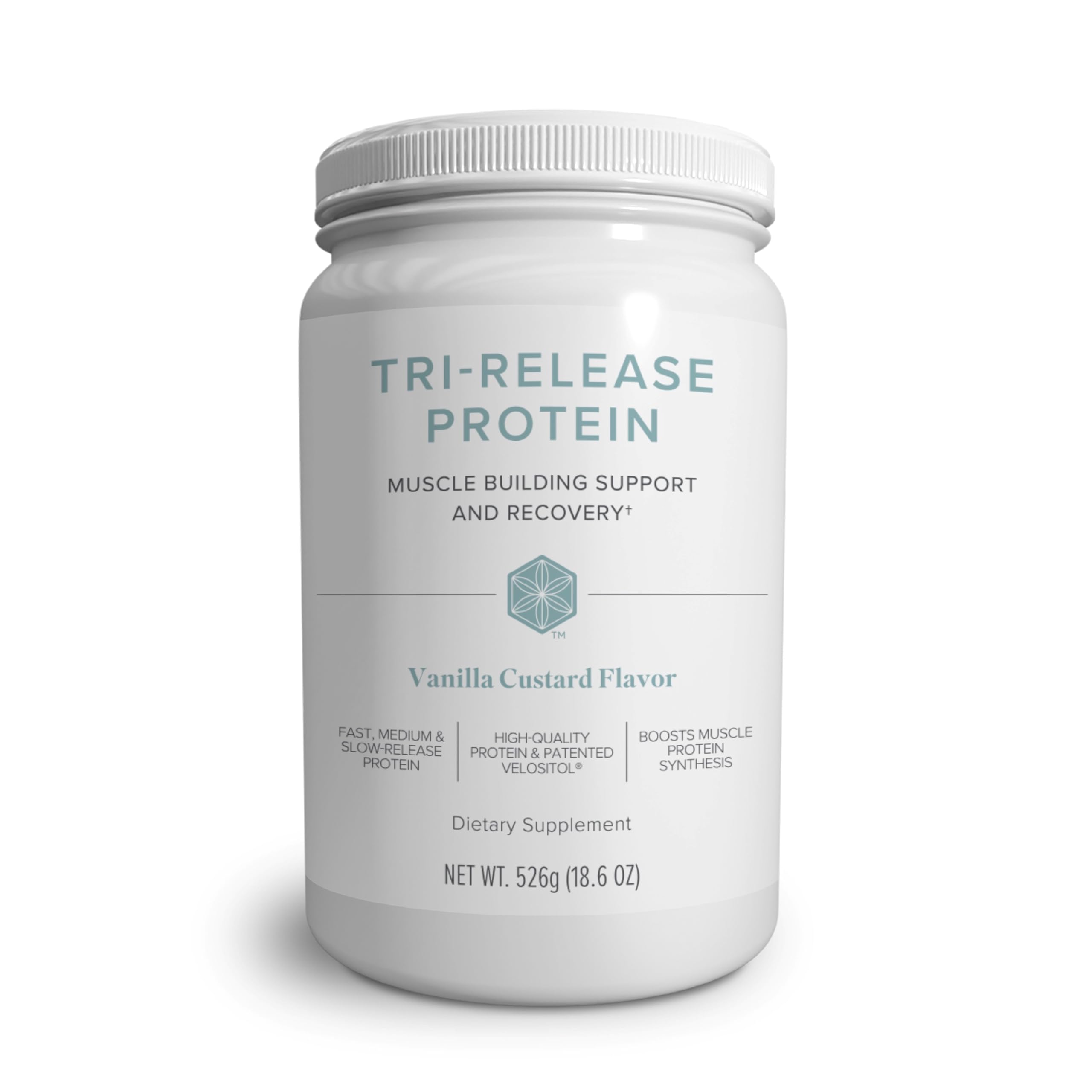 Isagenix Tri-Release Protein canister front view showing clean gluten-free packaging for muscle support