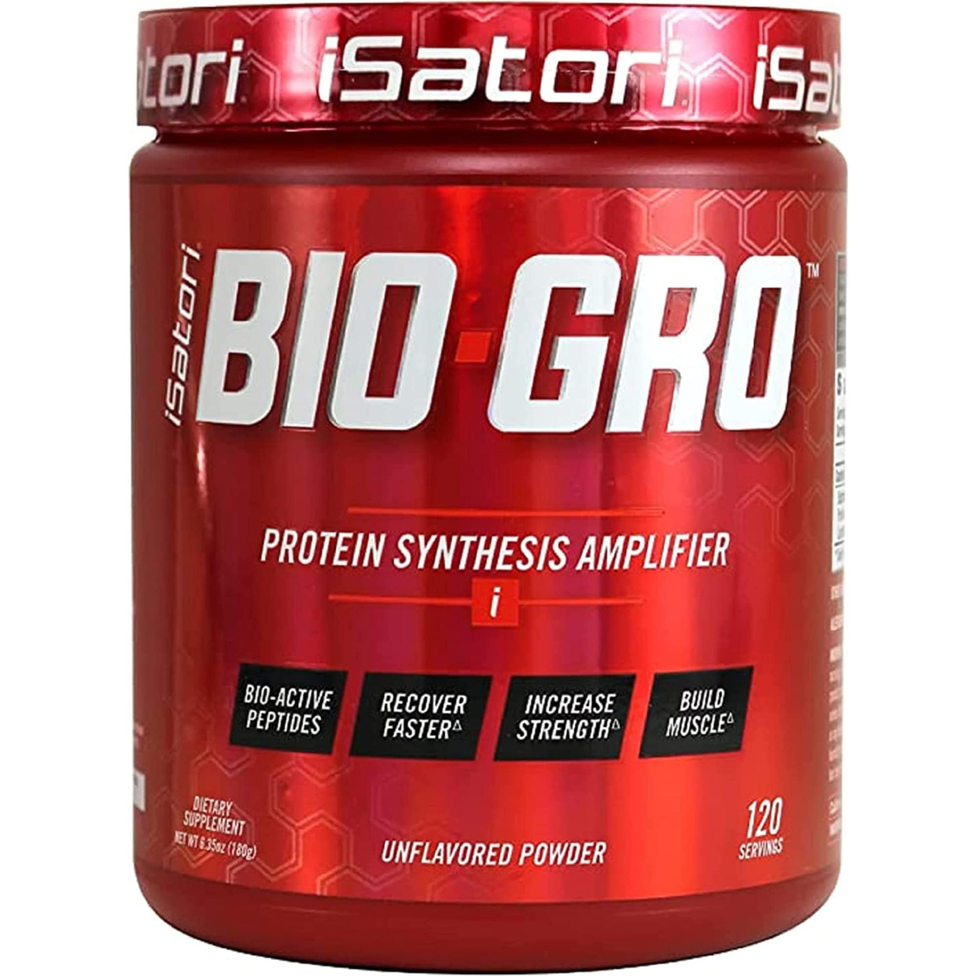 iSatori BIO-GRO bottle label highlights stimulant-free protein support.