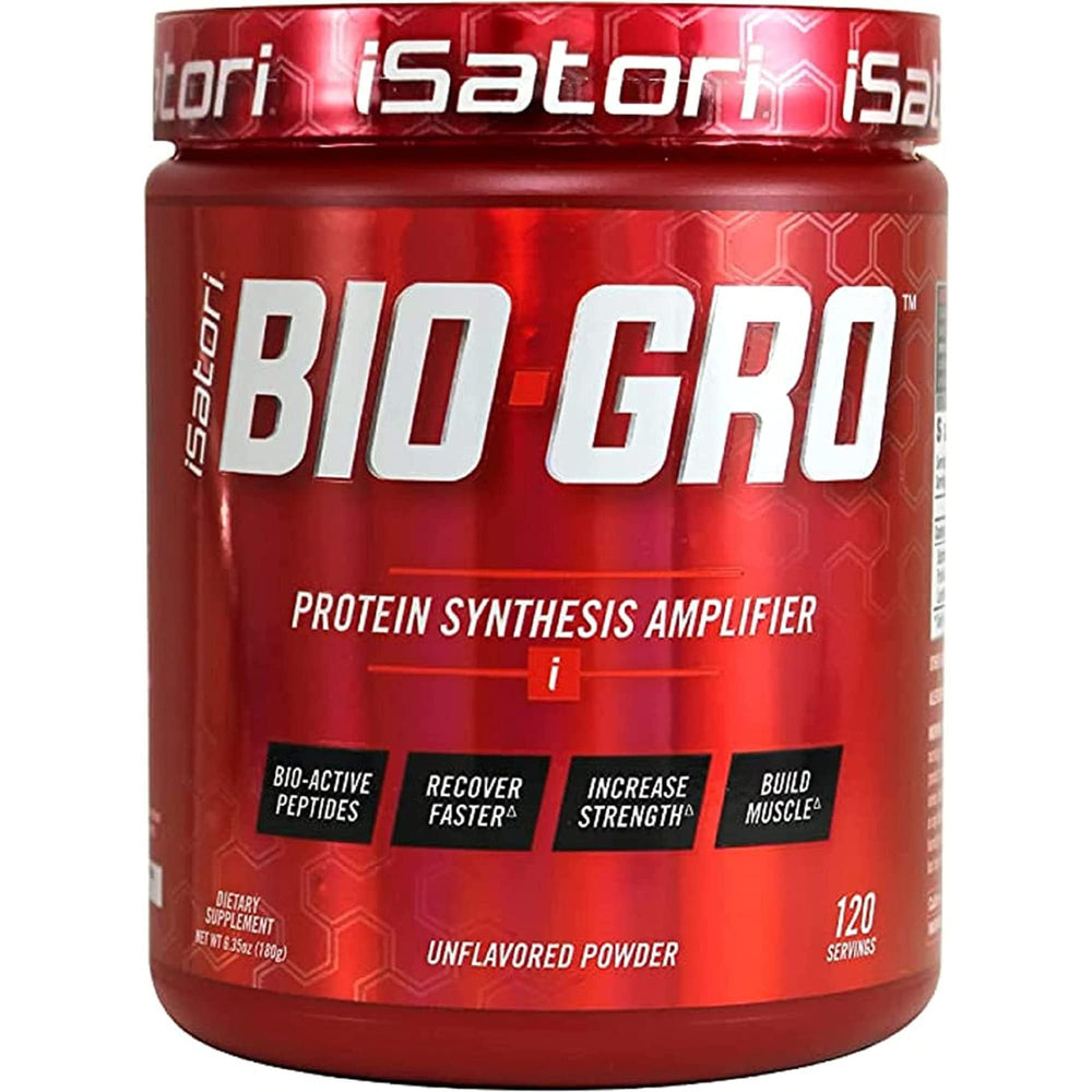 iSatori BIO-GRO bottle label highlights stimulant-free protein support.