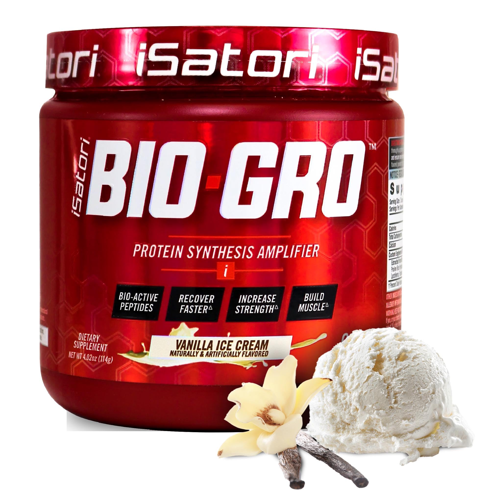 iSatori BIO-GRO bottle in Vanilla Ice Cream flavor supports muscle recovery and growth.
