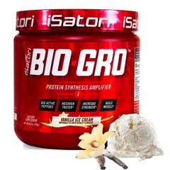 iSatori BIO-GRO bottle in Vanilla Ice Cream flavor supports muscle recovery and growth.