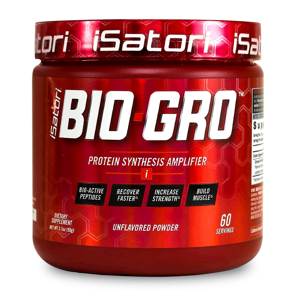 isatori BIO-GRO bottle label highlights stimulant-free pre-workout use
