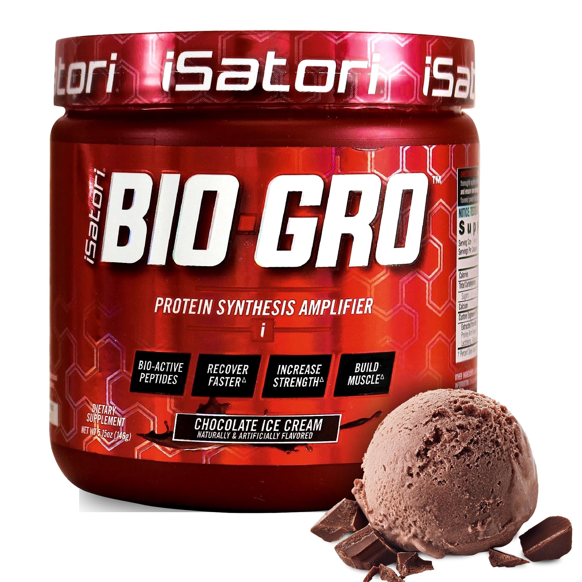 Isatori BIO-GRO powder tub ready for pre- or post-workout recovery.