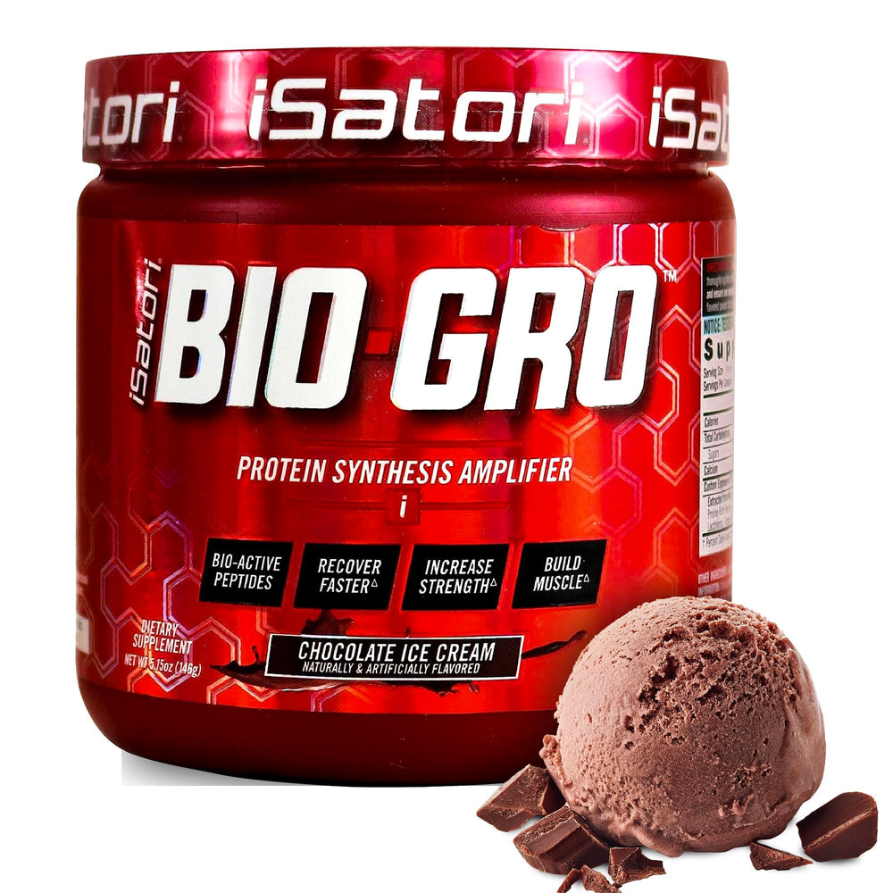 Isatori BIO-GRO powder tub ready for pre- or post-workout recovery.