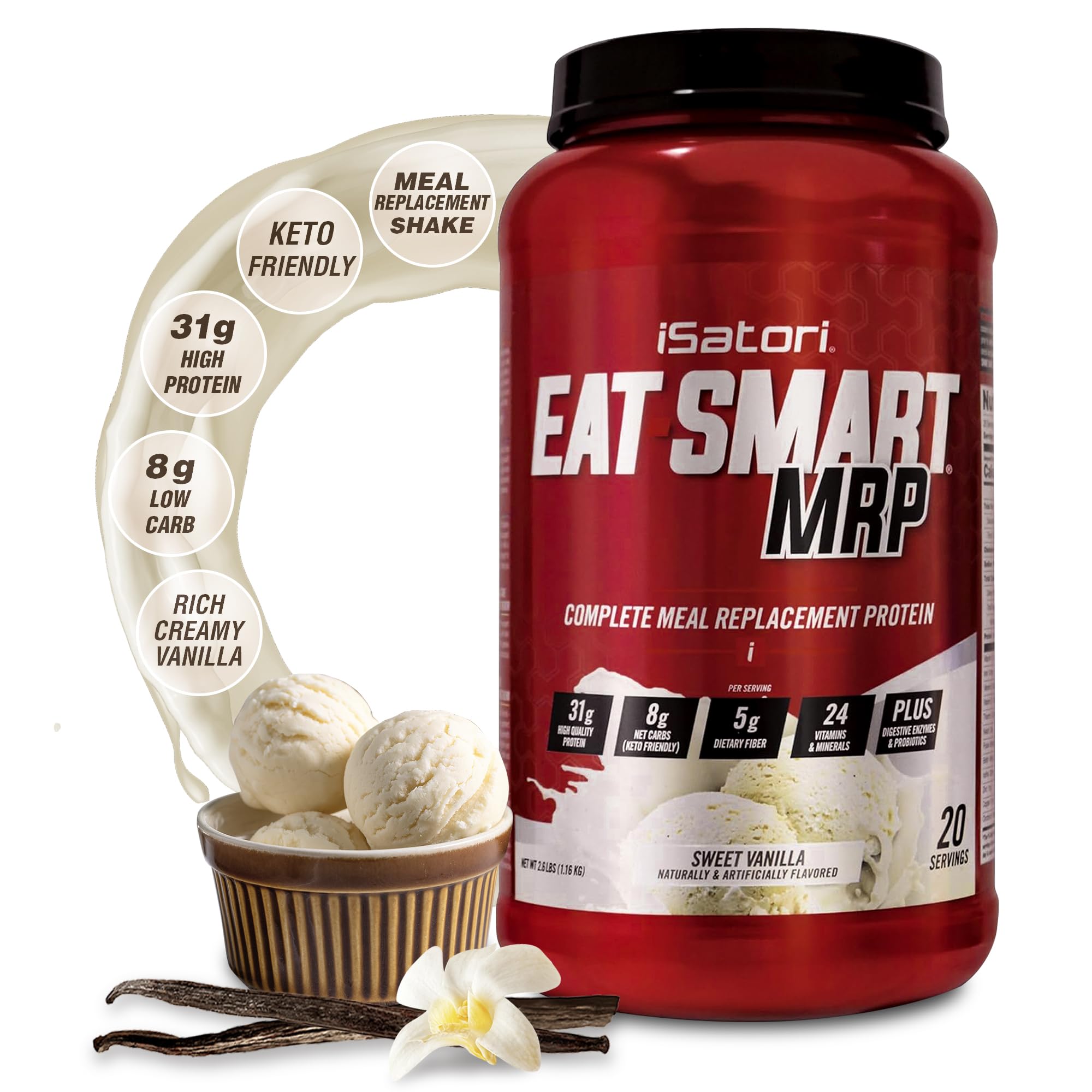 iSatori Eat Smart MRP vanilla shake poured for convenient meal replacement